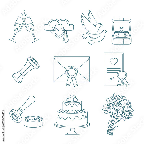 Wedding and Marriage Line Icons Set Isolated on White Background, Champagne Glasses, Ring, Dove, Envelope, Cake, Bouquet and Marriage Certificate Symbols