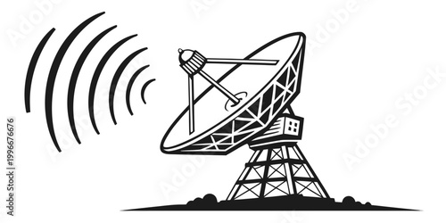 Detailed black and white vector graphic of a large parabolic satellite antenna emitting signal waves from a ground-based tower structure with satellite communication technology transmission