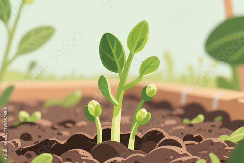 Close up seedlings sprouting from dark soil with bright green leaves in outdoor garden environment.