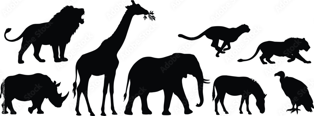 Fototapeta premium African animal silhouette vector set, wildlife poses, safari theme, black figures, nature illustration, jungle creatures, conservation concept, exotic design
