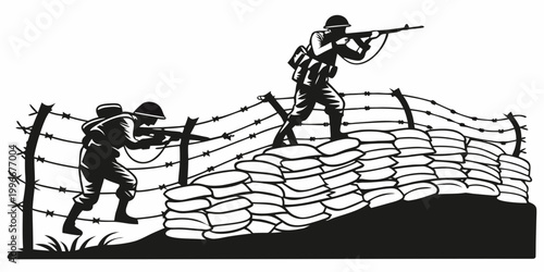 Tableau sur toile Two soldiers defending a sandbag fortification behind barbed wire with military
