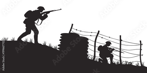 Εκτύπωση καμβά Soldiers guarding a defensive line behind sandbags and barbed wire with military