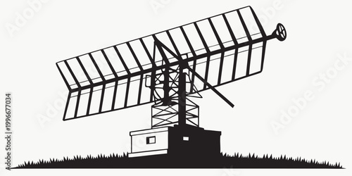 Картината върху платно Black and white vector illustration of an air surveillance radar antenna station