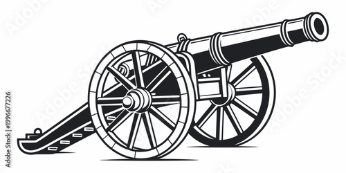 Vintage style vector illustration of an old military cannon with military gear artillery military historical cannonball firepower weaponry illustration isolated silhouette monochrome