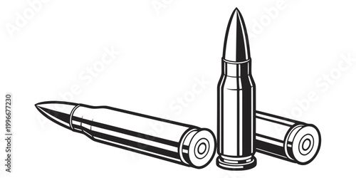 Two brass rifle bullets isolated on white background with ammunition cartridge military ballistics isolated illustration monochrome projectile shooting weaponry equipment security tactical