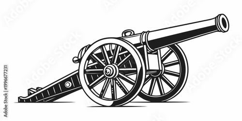Vintage artillery field cannon illustration isolated on white background with artillery military historical weaponry armament isolated illustration monochrome fortress projectile carriage