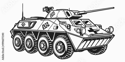 Wheeled armored fighting vehicle infantry combat transport with military transport tactical security artillery battalion reconnaissance defensive strategy operation isolated illustration