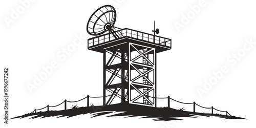Radio communication satellite dish tower installation with satellite communication broadcast telecommunications technology transmission structure receiver transmitter connectivity wireless
