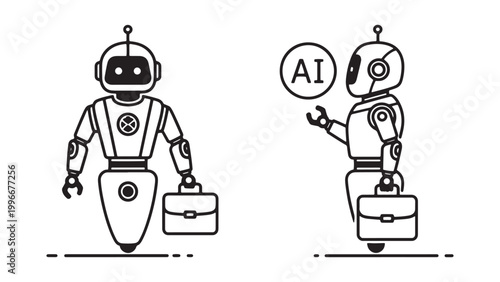 Artificial intelligence robots in business concept, modern AI assistant holding briefcase, future technology automation, digital transformation, smart solutions, innovative workforce.