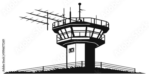 Black and white graphic illustration of an airport control tower with aviation communication silhouette infrastructure navigation facility transmitter observation building transportation