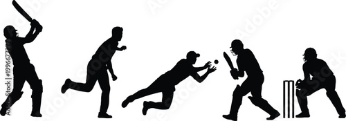 Φωτογραφία Cricket player silhouette vector set, black action poses, sports theme, dynamic
