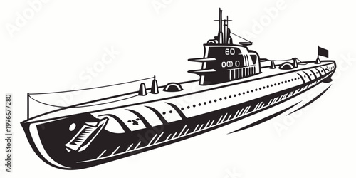 Black and white illustration of a military submarine at sea with sea based submarine military underwater maritime transport silhouette isolated illustration navigation battleship undersea
