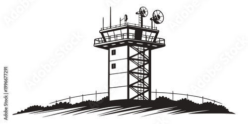 Airport control tower communication monitoring station with aviation communication monitoring broadcast telecommunications technology transmission structure receiver transmitter connectivity