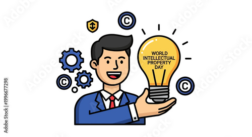 Businessman character with copyright and intellectual property icons