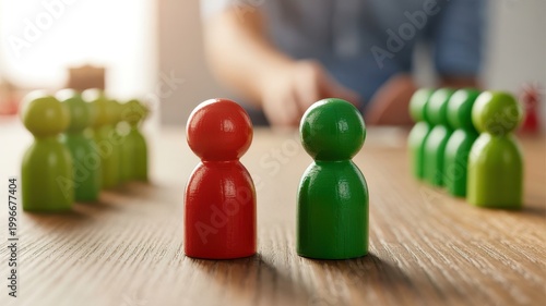 Red and green wooden pawn facing each other on a table representing competition and leadership