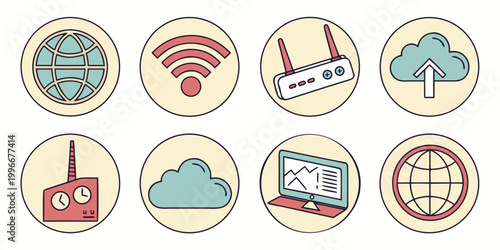 Set of internet and cloud computing connectivity icons with global network symbols and router hardware graphics internet computing connectivity technology communication wireless information