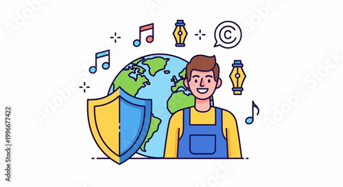 Protective shield icon with globe and music notes representing digital safety