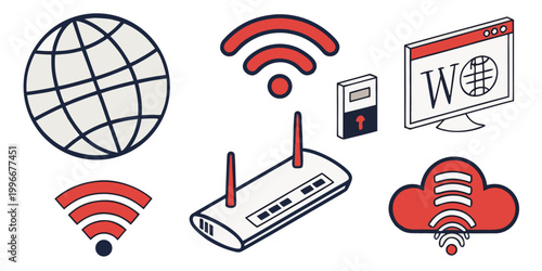 Collection of network technology icons including global connectivity symbols wifi routers and cloud computing graphics with technology internet connectivity computing wireless communication