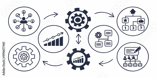Business management workflow and organizational development icons set featuring hierarchical structures and productivity growth charts business workflow management organization development