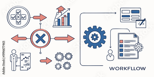 Business workflow management diagram with gear icon and task checklist process workflow business management checklist analysis strategy planning optimization productivity development