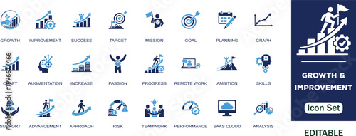 Growth and Improvement editable solid icon set. Containing success, target, mission, goal, graph, planning, teamwork, performance, chart, increase and more vector illustration icons collection.