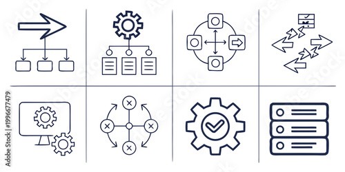 Set of business workflow and management process line icons with workflow management business organization structure strategy analysis optimization planning operations development efficiency