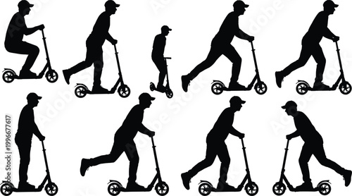 Silhouette vector illustration of man riding kick scooter in various motion poses, balance actions, urban transport concept, black graphic art