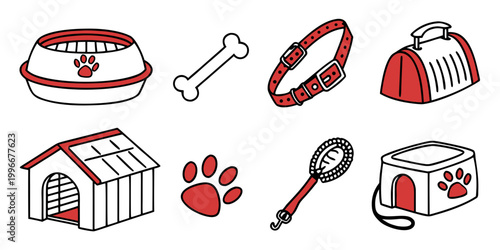 Set of pet care and animal accessory icons including dog house bowl collar leash and carrier with accessories supplies training grooming domestic collection illustration protection companion