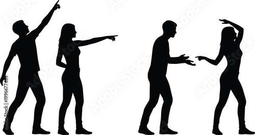 Silhouette vector of expressive couple gestures, communication poses, black figures, dramatic stance, body language theme, emotional illustration, relationship concept, interaction design