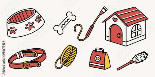 Hand drawn colorful pet care equipment and training accessories set with accessories training supplies grooming domestic illustration colorful exercise companion equipment friendly activity