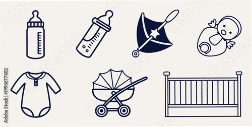 Minimalist baby care product line icons collection with stroller bodysuit minimalist childcare clothing parenting illustration collection babyhood maternity equipment motherhood fatherhood