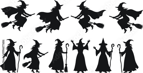 Witch silhouette vector collection, flying poses, magical theme, Halloween design, spooky figures, broomstick motion, mystical style, enchanted illustration, fantasy concept