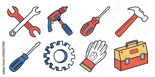 Repair tools and construction equipment vector icon set for home improvement with construction maintenance screwdriver equipment industrial carpentry hardware mechanic building industry