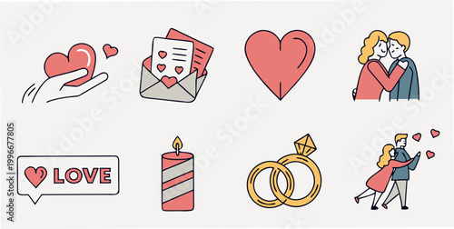 Romantic couple and heart symbols vector icon set for love concepts with valentines relationship marriage affection illustration loveletter engagement anniversary celebration togetherness