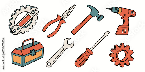 Set of cartoon hardware repair tools and hand tools for workshop maintenance with hardware maintenance handtools screwdriver equipment construction industrial workshop mechanical collection
