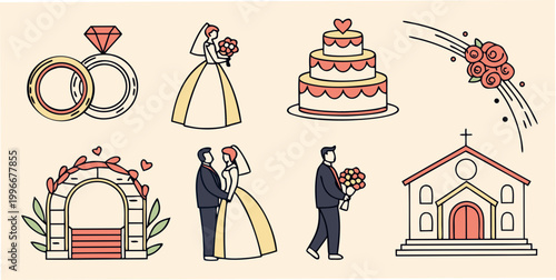 Set of wedding icons including rings bride groom cake flowers church with marriage ceremony illustration collection anniversary celebration weddingdress commitment happiness romantic
