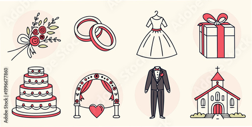 Wedding event icons set with rings bridal gown gift cake church marriage ceremony anniversary celebration illustration collection weddingdress commitment happiness romantic invitation