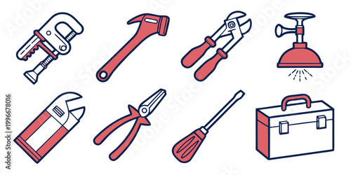 Assorted manual work tools and toolbox icons for home improvement with construction screwdriver sprinkler equipment maintenance industry collection illustration technical hardware building