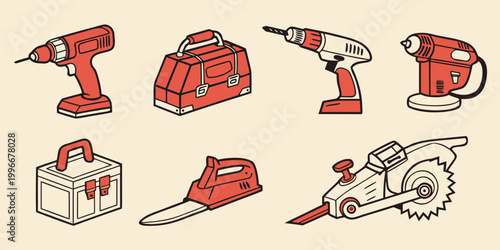 Collection of power tools and storage containers for construction with chainsaw electric construction hardware equipment maintenance workshop handyman carpentry renovation industry mechanic