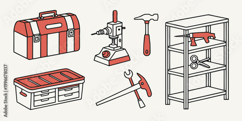Assorted professional hand tools and workshop storage elements with workshop shelving equipment maintenance construction hardware handyman carpentry mechanic industrial professional