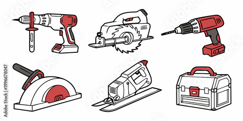 Set of electric power tools and professional toolbox equipment with electric construction hardware equipment maintenance workshop handyman carpentry renovation industry engineering mechanic