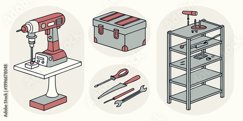Set of isometric workshop tools and shelving units with workshop shelving equipment industrial maintenance construction hardware isometric illustration workplace organizer handyman