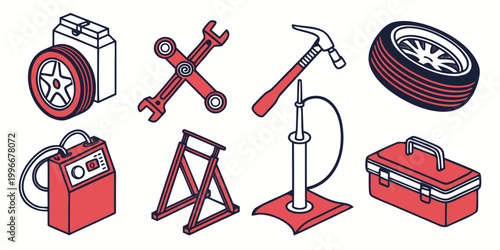 Isometric automotive repair tools and garage equipment set with automotive equipment maintenance construction hardware mechanic industrial professional instruments renovation engineering