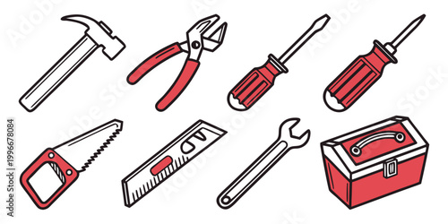 Handheld construction and woodworking tools set including toolbox and hammer with handtools construction carpentry maintenance screwdriver improvement professional equipment hardware workshop