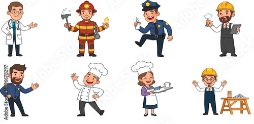 Cartoon Profession Character Set with Doctor Firefighter Police Chef Builder and Worker People Vector Collection