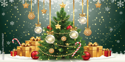 Christmas Tree Background with Gifts Golden Ornaments Snowflakes and Festive Holiday Celebration Vector Design