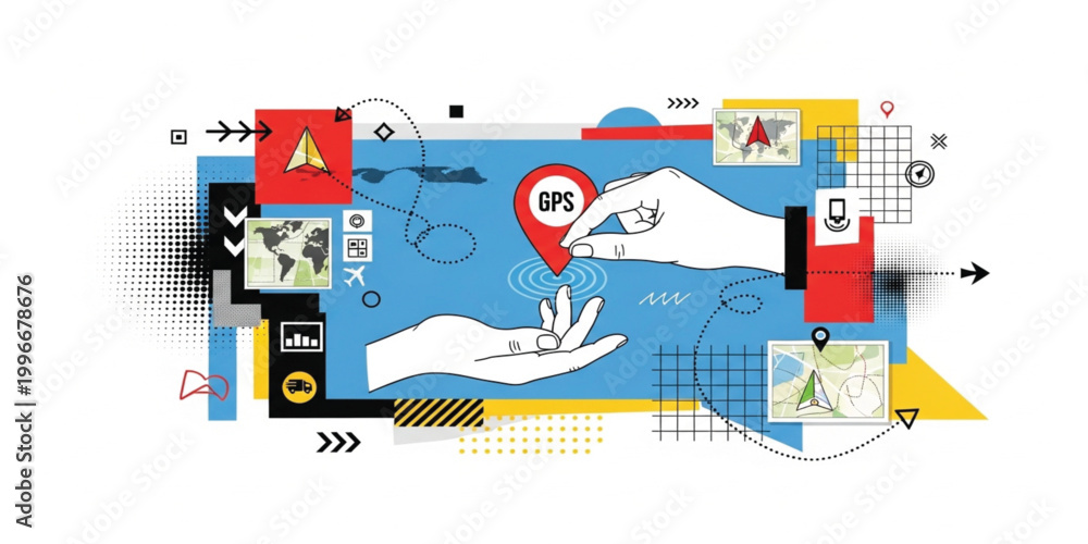 Fototapeta premium Creative GPS Navigation Collage with Hands Holding Location Pin Map Elements and Digital Tracking Concept for Modern Technology Design