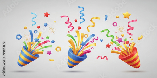 Colorful Party Popper Set with Confetti Streamers Stars Celebration Carnival Festive Explosion Vector Illustration