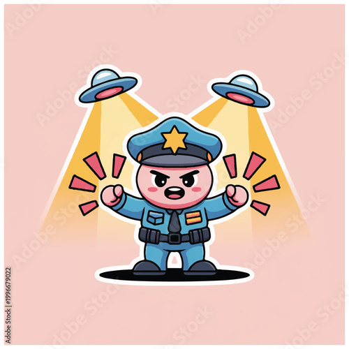 Cute Cartoon Police Officer Confronting UFOs with Beams.