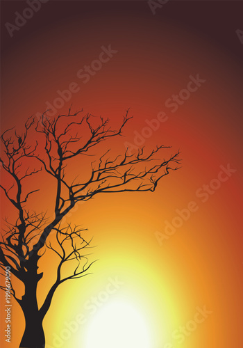 Artistic vector illustration of a leafless tree silhouette against a glowing sunset sky
